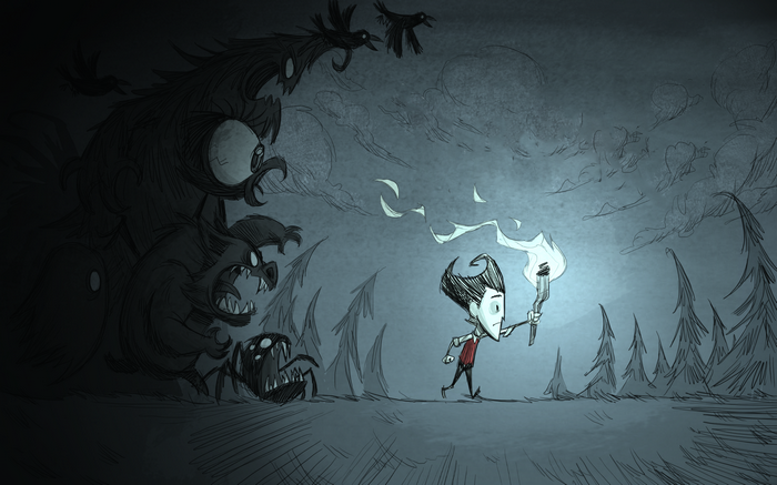 Wilson from Don't Starve with monsters in a dark forest