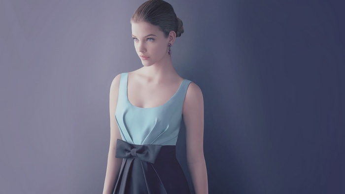 Barbara Palvin in a blue and black dress