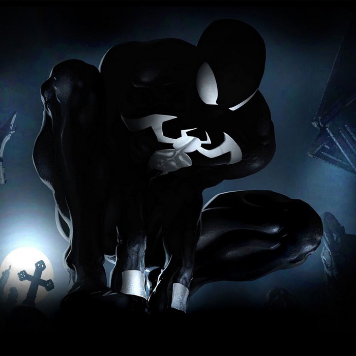 Spider-Man in Black Suit in a Spooky Setting