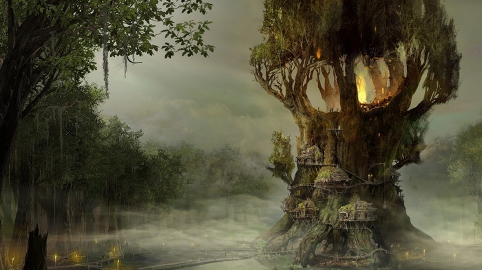 Fantasy art of a village built into a giant tree