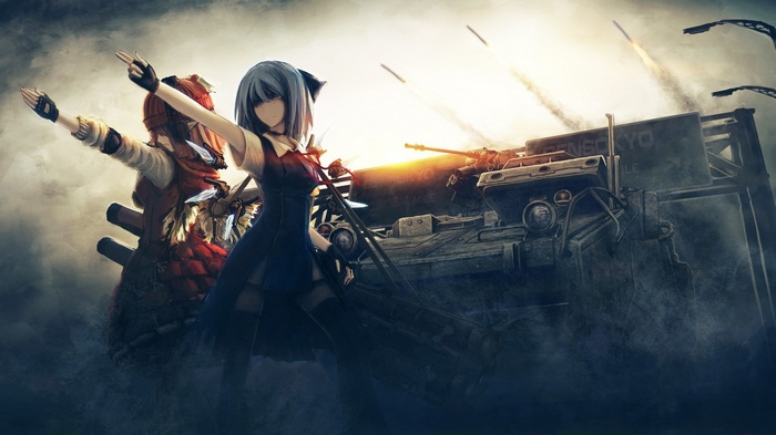 Anime girls with a tank and missiles