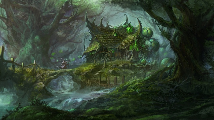 Fantasy art of a magical forest with a witch's hut