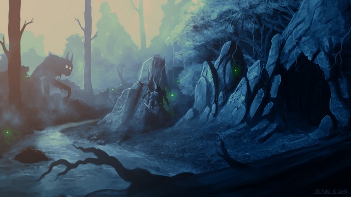Fantasy forest with creatures and rocks