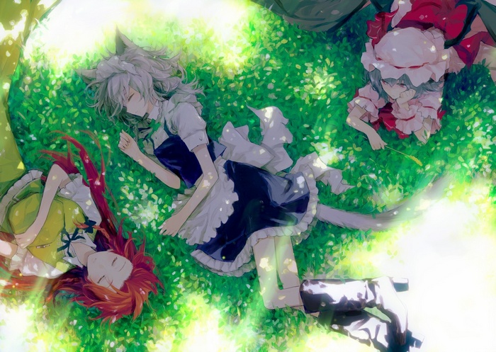 Touhou girls sleeping in the grass