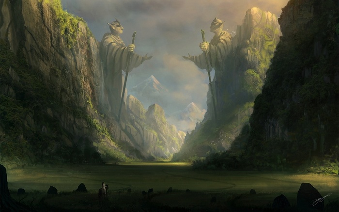 Fantasy art of giant statues in a mountain valley