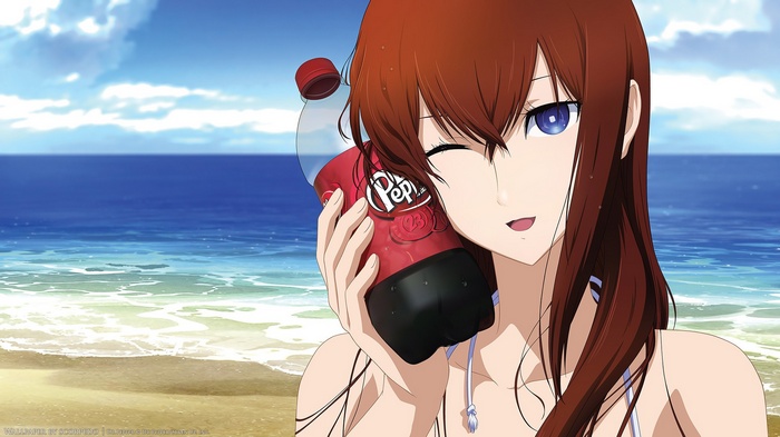 Makise Kurisu with Dr Pepper at the Beach