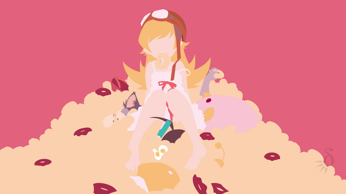 Oshino Shinobu sitting on donuts with anime characters