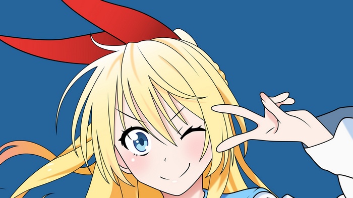 Chitoge Kirisaki from Nisekoi winks and makes a peace sign