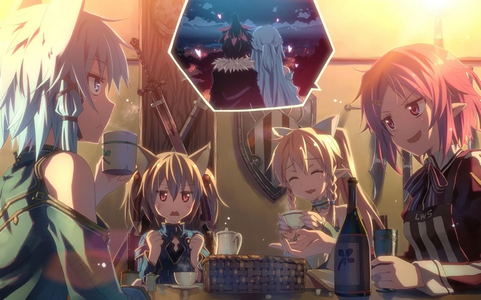 Anime girls with nekomimi drinking tea