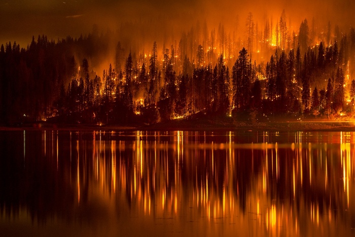 Forest fire reflected in a lake at night