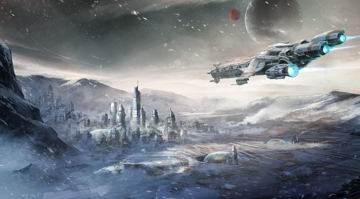 Star Citizen spaceship over a snowy alien cityscape
