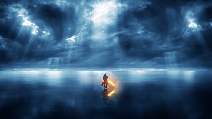 Warrior with glowing lightsaber in stormy sky