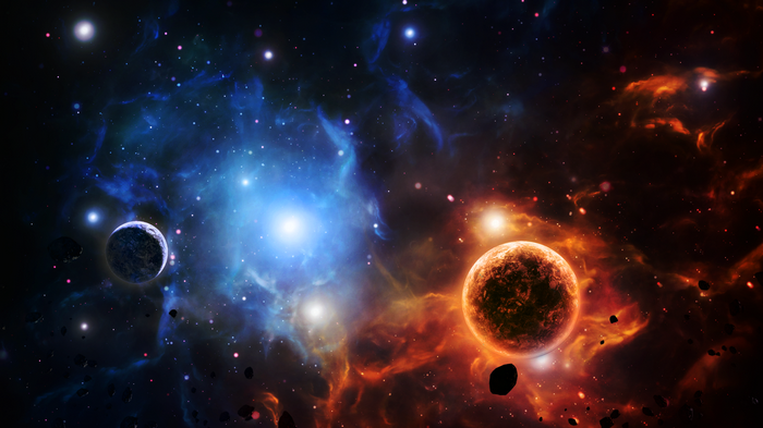 Space nebula with planets and asteroids