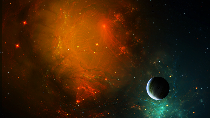 Planet in a vibrant nebula with stars