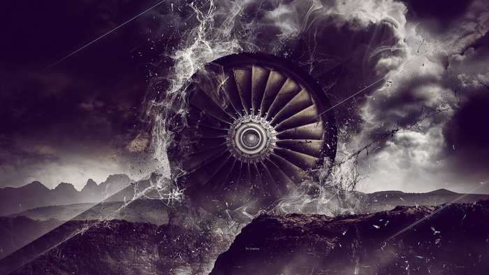 Turbine engine amidst stormy clouds and mountains