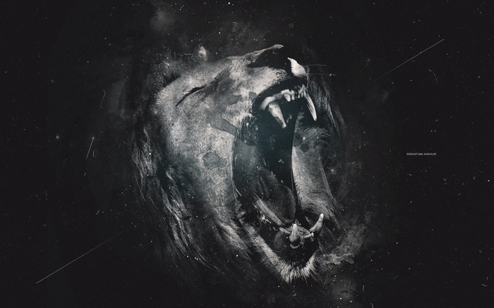 Monochrome digital art of a roaring lion