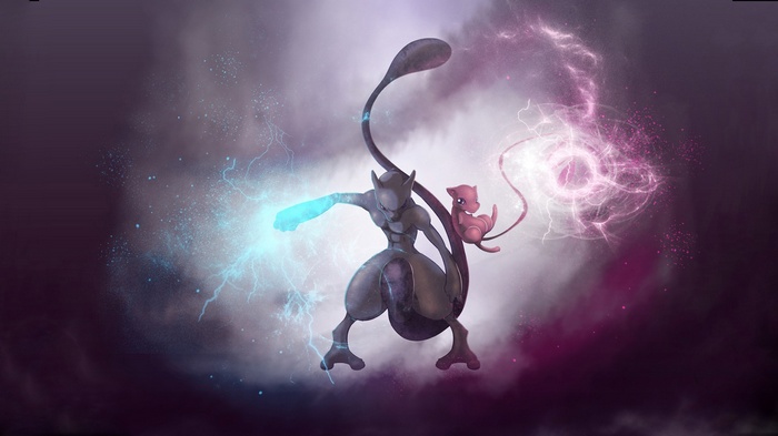 Mewtwo and Mew with energy effects