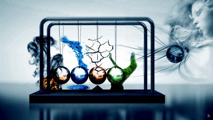 Newton's Cradle with Elements and Woman