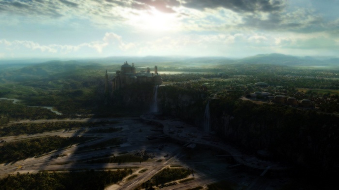 Star Wars Naboo landscape with waterfalls and buildings