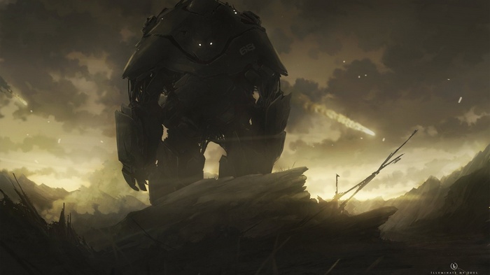 Giant mech in a desolate, mountainous landscape