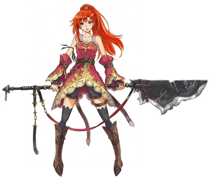 Anime girl with red hair holding a large weapon