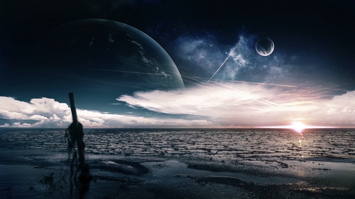 Alien planet landscape with a large planet and moon