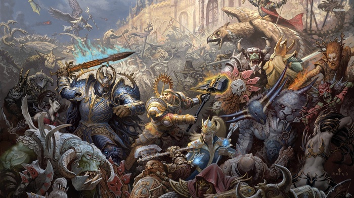 Warhammer Battle Scene with Knights and Orcs
