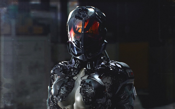 A damaged android with a reflective helmet