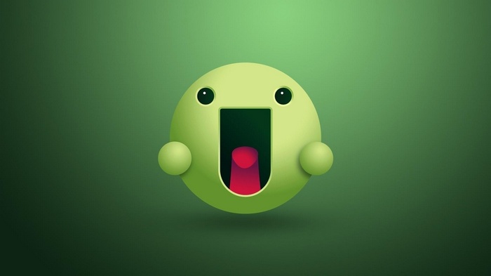 Green cartoon character with open mouth on green background