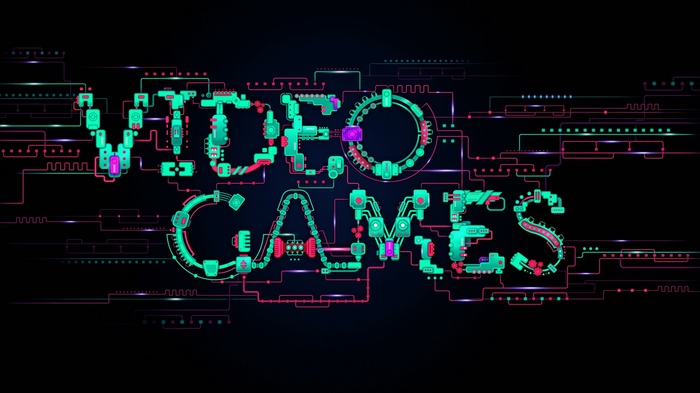 Video Games text in digital circuit board style