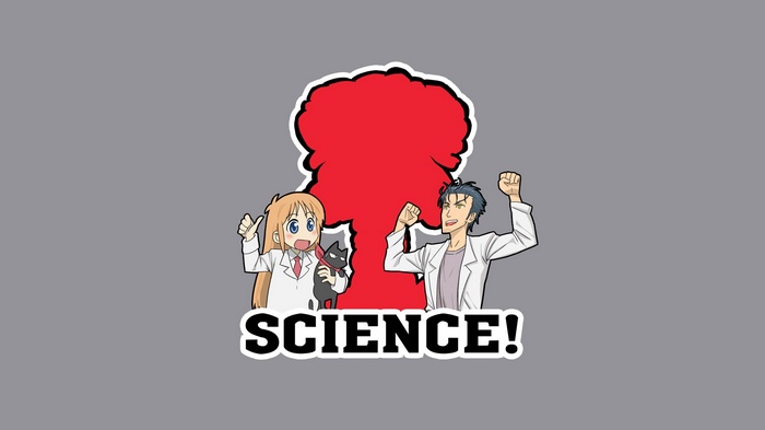 Shinonome Hakase, Okabe Rintarou, and cat with SCIENCE!