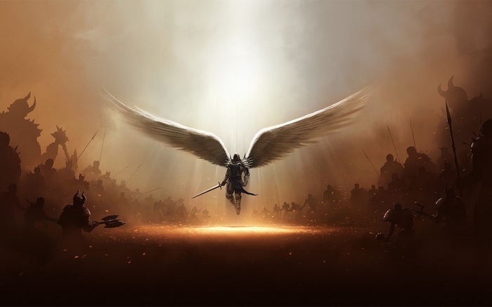 Angel with wings fighting demons in Diablo III