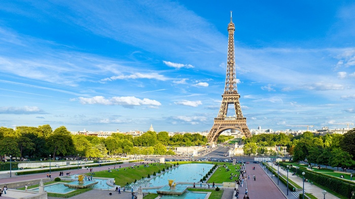 clouds tower France architecture Eiffel Tower sky Paris water trees French