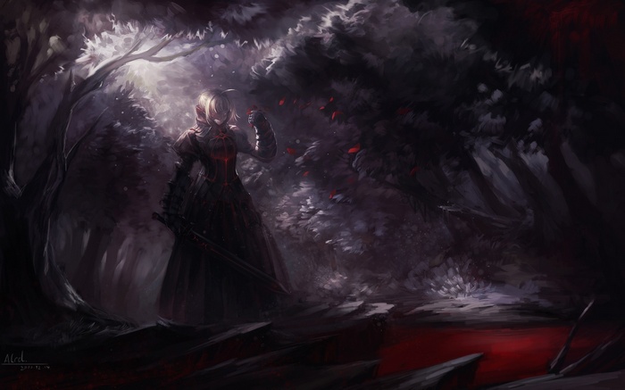 Saber Alter in a dark forest with red petals