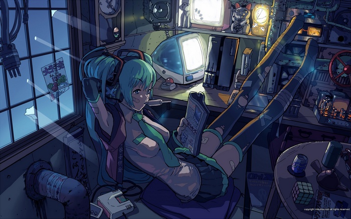 Hatsune Miku in a cluttered room with vintage computers