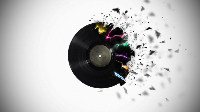 Exploding Vinyl Record with Colorful Lightning