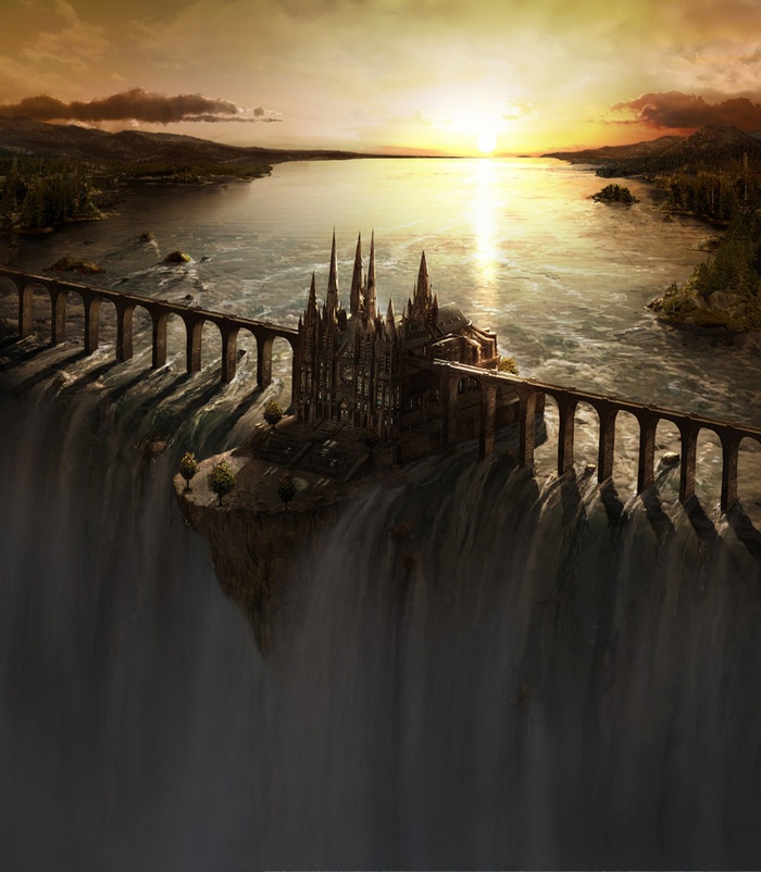 Fantasy castle on a cliff with waterfalls and a bridge