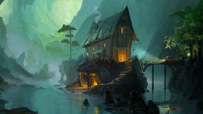Digital Art Bridge Mountains Artwork Architecture Lights Building House Mist Nature Car River Painting Oil Painting Fantasy Art Stairs Trees