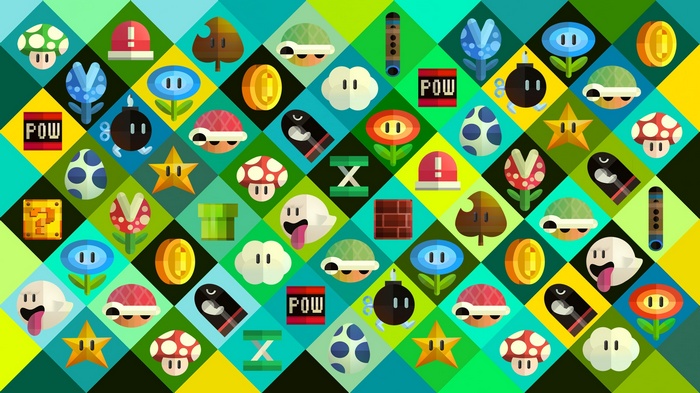 Super Mario Bros. Icons on a Geometric Background