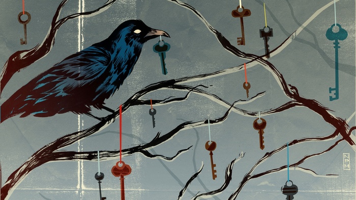 Raven holding a key on a tree with keys