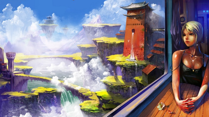 Fantasy landscape with floating islands and a woman