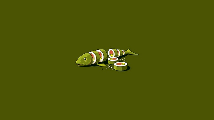 A fish is sliced into sushi rolls