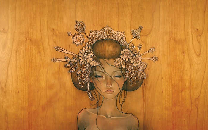Artwork of a woman with elaborate headdress on wood