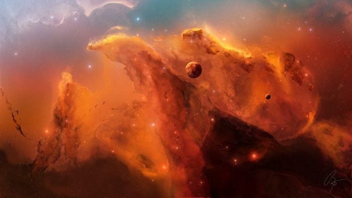 Digital art of a nebula with planets