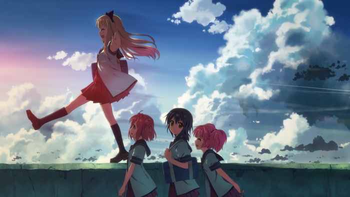 Yuru Yuri anime girls walking on a wall with clouds