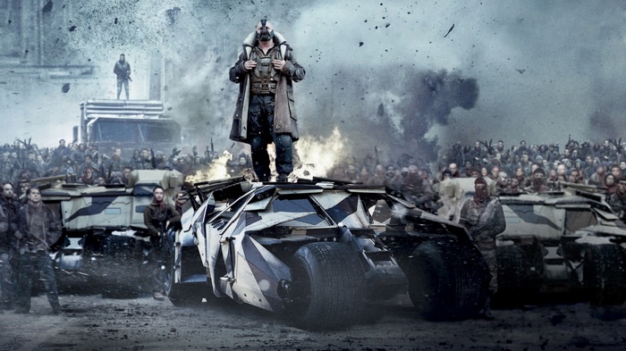 Bane standing on the Batpod with an army behind him