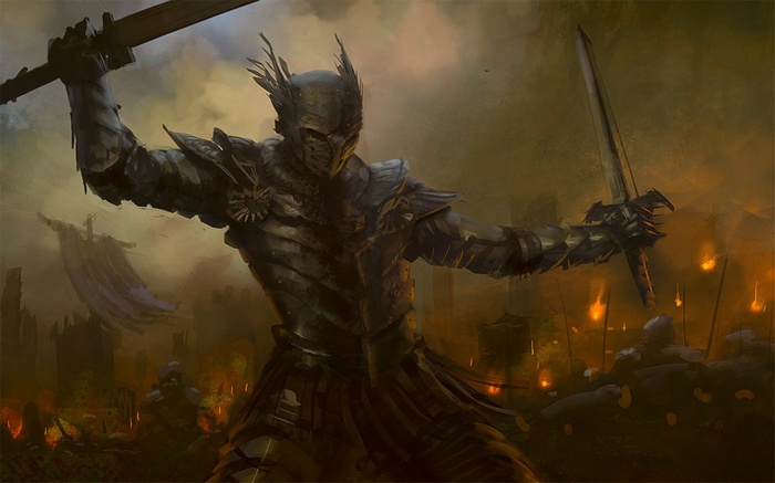 Fantasy warrior in armor with swords in battle