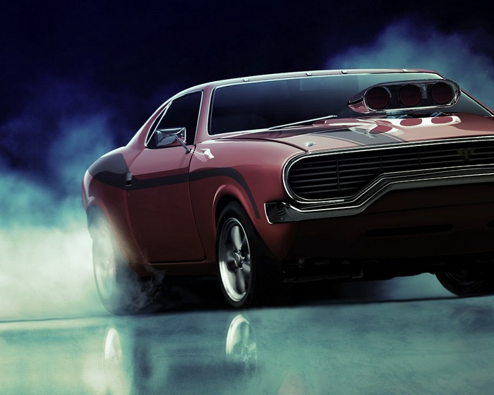 Red muscle car doing a burnout