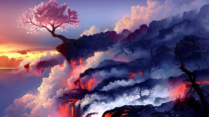 Fantasy landscape with cherry blossom tree and lava