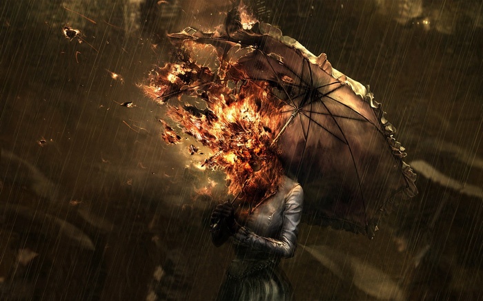 Woman with burning head holding an umbrella in the rain